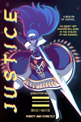 Rule 34 | 1girl, absurdres, ahoge, attack, blue eyes, blue hair, breasts, delvy 17, dress, english text, hairband, high heels, highres, holding, huge ahoge, long hair, medium breasts, orie ballardiae harada, solo, stiletto heels, sword, thighhighs, under night in-birth, very long hair, weapon, white hairband, white thighhighs