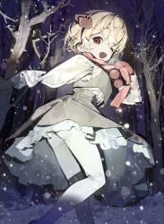 1girl ;d absurdres bare_tree black_skirt black_vest blonde_hair dated_commentary eyelashes fangs forest frilled_skirt frills from_behind gloves hand_up highres long_sleeves looking_at_viewer looking_back medium_hair nature neck_ribbon night one_eye_closed open_mouth outdoors pantyhose red_eyes red_gloves red_ribbon red_scarf revision ribbon rumia scarf shirt sidelocks skirt skirt_set smile snowing solo touhou tree vest white_pantyhose white_shirt winter ya_yuan