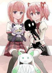2girls a-q_(madoka_magica) black_skirt black_sleeves black_thighhighs blunt_bangs bow bowtie braid closed_mouth collared_shirt dot_nose eyelashes feet_out_of_frame full_body hair_between_eyes hair_ribbon high-waist_skirt high_collar highres holding holding_stuffed_toy juliet_sleeves kamihama_university_affiliated_school_uniform kaname_madoka lace lace-trimmed_shirt lace-trimmed_sleeves lace_trim layered_sleeves light_blush long_sleeves magia_record:_mahou_shoujo_madoka_magica_gaiden mahou_shoujo_madoka_magica mahou_shoujo_madoka_magica_(anime) mahou_shoujo_madoka_magica_magia_exedra miniskirt mitakihara_school_uniform multiple_girls namae_(magia_exedra) nighthawk_(madoka_magica) pink_eyes pink_hair plaid_clothes plaid_skirt pleated_skirt puffy_sleeves red_bow red_bowtie red_ribbon red_sailor_collar red_skirt ribbon sailor_collar school_uniform shirt short_hair short_over_long_sleeves short_sleeves short_twintails side_braids sidelocks sitting skirt sleeves_past_wrists smile stuffed_toy tamaki_iroha thighhighs twin_braids twintails usagikoya watermark white_shirt white_sleeve_cuffs white_thighhighs yellow_shirt zettai_ryouiki