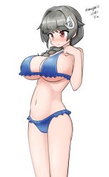 1girl absurdres adapted_costume bikini black_hair blue_bikini braid breasts dated feet_out_of_frame frilled_bikini frills hair_flaps hair_ornament hairclip highres jingei_(kancolle) kantai_collection large_breasts long_hair low_ponytail maru_(marg0613) navel one-hour_drawing_challenge ponytail red_eyes single_braid solo standing swimsuit twitter_username