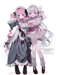 &gt;:( 2girls :&lt; :d annoyed apron arm_under_breasts artist_name asymmetrical_docking black_boots black_bow black_dress black_shoes blush boots bow bowtie breast_press breasts buttons claw_pose cleavage cleavage_cutout closed_mouth clothing_cutout commentary_request corset cross cross_necklace dress drill_hair eyelashes frilled_apron frilled_dress frills frown full_body grey_eyes hair_bow hair_intakes hand_up heart heart-shaped_hair heart_o-ring highres himeyuri_yuriha jewelry kote1 lace-up_boots leg_warmers loafers long_dress long_hair looking_at_viewer maid maid_apron maid_headdress microdress multicolored_hair multiple_girls neck_ribbon necklace o-ring o-ring_thigh_strap open_mouth original paw_print paw_print_pattern pink_bow pink_bowtie pink_dress pink_hair pink_ribbon pink_streaks print_sleeves puffy_short_sleeves puffy_sleeves purple_eyes rabbit_ornament ribbon shadow shoes short_sleeves side-by-side sidelocks simple_background skindentation smile square_neckline streaked_hair thigh_strap twin_drills twitter_username two-tone_hair underbust v-shaped_eyebrows very_long_hair w waist_bow watermark watermark_grid white_apron white_background white_corset white_hair white_leg_warmers white_wrist_cuffs wing_collar wrist_cuffs yurizono_yurina