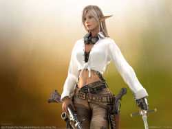 1girl 3d belt cowboy_shot elf female_focus goggles gradient_background gun gun_holster highres navel pointy_ears solo standing sword weapon