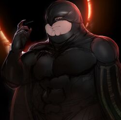 1boy absurdres black_bodysuit bodysuit cleft_of_venus cosplay eclipse family_guy fat fat_man femto_(berserk) femto_(berserk)_(cosplay) griffith_(berserk) helm helmet highres kowai_(iamkowai) looking_at_viewer male_focus peter_griffin solo