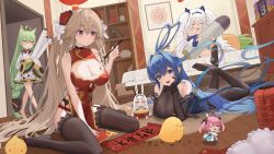 6+girls :/ :3 absurdres ahoge akashi_(azur_lane) anchorage_(azur_lane) animal_ears armpit_crease azur_lane black_garter_belt blonde_hair blue_eyes blue_hair bookshelf bow breasts calligraphy calligraphy_brush cat_ears chibi china_dress chinese_clothes cleavage closed_eyes commentary concentrating dress elbow_gloves fangfangtu feet flat_chest garter_belt garter_straps gloves green_hair grey_hair hair_bow hair_intakes highres hongbao indoors ink_splatter jitome laffey_(azur_lane) laffey_ii_(azur_lane) lantern large_breasts long_hair lying manjuu_(azur_lane) multiple_girls new_jersey_(azur_lane) new_jersey_(dancing_in_the_moonlight)_(azur_lane) no_shoes official_alternate_costume on_stomach open_mouth paintbrush paper_lantern pink_hair purple_eyes red_dress saratoga_(azur_lane) shimakaze_(azur_lane) sitting sleeping sleeveless sleeveless_dress sleeves_past_fingers sleeves_past_wrists smile soles stuffed_carrot stuffed_torpedo symbol-only_commentary tech_box_(azur_lane) the_pose toes twintails very_long_hair walking wariza white_bow yellow_eyes