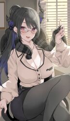 1girl absurdres asymmetrical_horns black_hair black_pantyhose black_skirt blue_hair blush breasts chair cleavage clothes_grab collarbone colored_inner_hair commentary demon_horns dot_nose dress_shirt dress_suit earrings fingernails flower formal_clothes glasses high_ponytail highres holding holding_unworn_clothes holding_unworn_scarf hololive hololive_english horn_flower horns jewelry knee_up lapels large_breasts long_hair long_sleeves looking_at_viewer looking_over_eyewear mole mole_under_eye multicolored_hair nail_polish necklace neckwear_grab nerissa_ravencroft nerissa_ravencroft_(casual) notched_lapels office office_chair office_lady official_alternate_costume official_alternate_hairstyle on_chair pantyhose pencil_skirt plaid_clothes plaid_scarf ponytail puffy_long_sleeves puffy_sleeves red_nails ring scarf scarf_grab semi-rimless_eyewear shirt sidelocks sitting skirt skirt_suit sleeve_cuffs smile solo suit swept_bangs swivel_chair three_quarter_view udonpan under-rim_eyewear unworn_scarf virtual_youtuber white_shirt window window_blinds