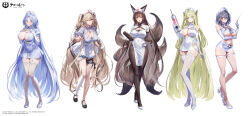 5girls absurdly_long_hair alsace_(azur_lane) amagi_(azur_lane) anchorage_(azur_lane) animal_ear_fluff animal_ears azur_lane blue_eyes blue_hair brown_hair closed_mouth fox_ears fox_girl fox_tail full_body gesoking green_hair hair_between_eyes hat highres long_hair looking_at_viewer multiple_girls multiple_tails napoli_(azur_lane) navel nurse nurse_cap official_art open_mouth parted_lips pittsburgh_(azur_lane) red_eyes short_sleeves simple_background smile standing stomach tail tongue tongue_out very_long_hair white_background