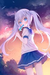 1girl alternate_hairstyle blue_eyes blue_hair blue_skirt blush cloud dusk eating food food_in_mouth gochuumon_wa_usagi_desu_ka? hair_between_eyes hair_ornament hairclip highres holding holding_food holding_popsicle kafuu_chino long_hair looking_at_viewer multicolored_sky outdoors popsicle popsicle_in_mouth shirt simple_bird skirt sky solo standing tree twintails white_shirt x_hair_ornament yottacc