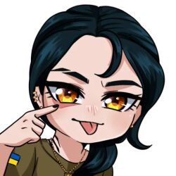 1girl 3rd_assault_brigade azov_battalion black_hair blush border brown_shirt check_gesture earrings green_shirt hair_over_shoulder hanna_kovalchuk jewelry korzynka_persykiv long_hair looking_at_viewer mechanical_arms necklace non-web_source open_mouth original ponytail prosthesis prosthetic_arm russo-ukrainian_war shiny_eyes shirt short_sleeves single_mechanical_arm smile soldier solo tongue tongue_out transparent_background ukraine ukrainian_ground_forces white_border wolfsangel yellow_eyes