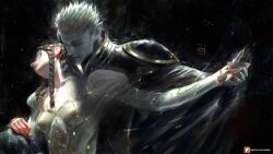 1boy 1girl artist_name brown_hair charlotte_elbourne closed_eyes commentary couple earrings english_commentary highres jewelry long_hair meier_link pointy_ears sebijy short_hair stud_earrings vampire vampire_hunter_d vampire_hunter_d:_bloodlust watermark web_address