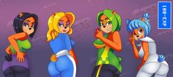 100-exp 4girls ami_bandicoot ass bare_shoulders black_hair blonde_hair blue_eyes blue_hair breasts crash_bandicoot_(series) crash_team_racing_nitro-fueled double_bun dress from_behind furry green_eyes green_hair grin hair_bun hand_on_ass isabella_bandicoot large_breasts leaning leaning_forward leggings liz_bandicoot long_hair looking_at_viewer looking_back megumi_(crash_bandicoot) multiple_girls open_mouth orange_fur pencil_skirt purple_eyes race_queen red_eyes shiny_skin short_dress short_hair sideboob skirt smile strapless tail tube_top v