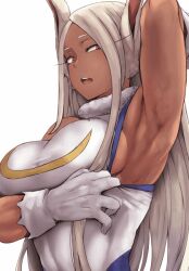 1girl alpha-type animal_ears animated animated_gif arm_up armpit_focus armpits bare_arms bare_shoulders blinking boku_no_hero_academia breasts breathing dark-skinned_female dark_skin female_focus fur_collar fur_trim gloves half-closed_eyes heattech_leotard large_breasts leotard leotard_pull long_eyelashes long_hair looking_at_viewer mirko muscular muscular_female open_mouth presenting_armpit pulling_own_clothes rabbit_ears red_eyes sideboob sidelocks sleeveless_turtleneck_leotard solo sweat taut_clothes tight_clothes very_long_hair white_gloves white_hair