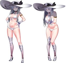 1girl armlet arms_under_breasts asymmetrical_legwear bare_shoulders bead_bracelet beads bikini black_bow black_collar black_ribbon blue_eyes blush bow bracelet breasts reference_sheet cleavage closed_mouth collar collarbone front-tie_bikini_top front-tie_top full_body game_cg gloves hair_over_shoulder hands_on_own_hips hat high_heels jewelry large_breasts large_hat leaf_print light_smile looking_at_viewer miracle_snack_shop navel necklace non-web_source nose_blush official_art parted_bangs philia_salis print_headwear print_thighhighs ribbon see-through_clothes shaded_face shadow sidelocks standing string_bikini swimsuit talesshop thighhighs thighs transparent_background ukero uneven_legwear white_bikini white_footwear white_gloves white_hair white_hat