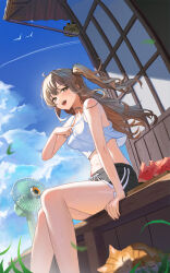 1girl absurdres architecture arm_support bare_arms black_shorts blue_sky blush breasts brown_eyes brown_hair camisole cloud cloudy_sky commentary_request east_asian_architecture electric_fan food fruit girls&#039;_frontline girls&#039;_frontline_2:_exilium highres k2_(girls&#039;_frontline) long_hair looking_at_viewer medium_breasts midriff navel one_side_up open_mouth orange_cat pongdo revision shorts sitting sky smile sweat thighs watermelon watermelon_slice white_camisole yoohee_(girls&#039;_frontline_2)