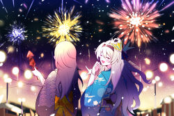 2girls aerial_fireworks alternate_costume black_hairband blue_kimono bracelet closed_eyes cloud_print commentary_request electronduck facing_another firefly_(honkai:_star_rail) fireworks food grey_hair hairband holding holding_food honkai:_star_rail honkai_(series) ikayaki japanese_clothes jewelry kimono korean_commentary long_hair mask mask_on_head multiple_girls night night_sky obi open_mouth pointing purple_kimono sam_(honkai:_star_rail) sash sky stelle_(honkai:_star_rail) trailblazer_(honkai:_star_rail) wave_print yellow_sash