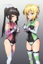 2girls akatsuki_kirika armpits black_leotard blonde_hair breasts brown_hair closed_mouth commission covered_navel cuffs elbow_gloves eyebrows_hidden_by_hair from_side gloves green_eyes green_leotard green_thighhighs handcuffs leotard long_hair looking_at_viewer medium_breasts multicolored_leotard multiple_girls open_mouth pink_gloves pink_leotard purple_eyes restrained senki_zesshou_symphogear short_hair signature small_breasts striped_clothes striped_thighhighs thighhighs tsukuyomi_shirabe twintails two-tone_leotard uganda_(ugandam_00) undersuit white_gloves white_thighhighs