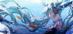 Rule 34 | 1girl, absurdres, air bubble, aqua hair, aqua necktie, black sleeves, bubble, caustics, closed eyes, closed mouth, commentary, day, detached sleeves, english commentary, fish, floating clothes, floating hair, from side, hatsune miku, headphones, highres, long hair, necktie, number tattoo, ocean, shirt, single bare shoulder, sleeveless, sleeveless shirt, solo, sunlight, tattoo, twintails, unconscious, underwater, upper body, very long hair, vocaloid, white shirt, wistariaiai