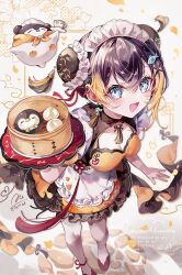 Rule 34 | 1girl, apron, bamboo steamer, black hair, blonde hair, blue eyes, bow, bowtie, breasts, bun cover, center opening, chinese clothes, cleavage, cleavage cutout, clothing cutout, coco7, cup, dim sum, double bun, fish hair ornament, flats, foot out of frame, hair bun, hair ornament, happy, lolita fashion, looking at viewer, maid, maid apron, maid headdress, medium breasts, multicolored hair, nijisanji, nijisanji en, open mouth, pantyhose, pentomo (petra gurin), petra gurin, qi lolita, red bow, red bowtie, red shoes, saucer, shoes, short hair, streaked hair, tassel, teacup, twitter username, unconventional maid, virtual youtuber, white pantyhose, x hair ornament