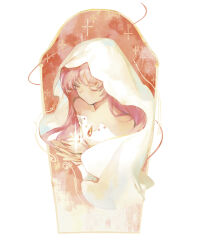 Rule 34 | 1girl, absurdres, bare shoulders, chest jewel, chinese commentary, closed eyes, commentary request, cropped torso, dress, gem, highres, holding, kaname madoka, lanmi lemmy, long hair, mahou shoujo madoka magica, mahou shoujo madoka magica (anime), pink gemstone, pink hair, solo, sparkle, strapless, strapless dress, ultimate madoka, veil, white background, white dress, white veil