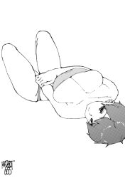 1girl absurdres arm_between_legs breasts brown_hair cleavage ear_piercing greyscale highres huge_breasts lying monochrome norman_maggot olive_laurentia original piercing short_hair signature solo strapless tube_top twitter_username white_background