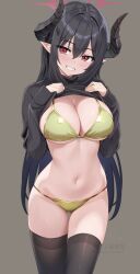 1girl bikini bikini_under_clothes black_hair black_horns black_shirt black_thighhighs blue_archive blush breasts chiaki_(blue_archive) cleavage clothes_lift commentary_request curved_horns demon_girl demon_horns gold_bikini golden_week golden_week_bikini halo highres horns large_breasts lifting_own_clothes long_hair long_sleeves looking_at_viewer navel no_pants open_mouth pointy_ears red_eyes red_halo ryouta_(ryouta335) satin_bikini shiny_swimsuit shirt shirt_lift sleeves_past_wrists smile solo swimsuit thighhighs