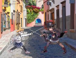 Rule 34 | 2girls, animal ear fluff, animal ears, asymmetrical legwear, backpack, bag, black footwear, black hair, black pantyhose, blue archive, boots, brown hair, cityscape, collarbone, commentary, english commentary, eyeshadow, fencing, fighting, fighting stance, fox ears, fox girl, fox tail, full body, hair between eyes, hair ornament, halo, hat, height difference, hifumi (blue archive), highres, holding, holding sword, holding weapon, japanese clothes, knee boots, long hair, long sleeves, looking at another, low twintails, makeup, mexico, mismatched legwear, multiple girls, obi, obiage, outdoors, pantyhose, peroro (blue archive), pleated skirt, red eyes, red eyeshadow, sash, scenery, school uniform, serafuku, sidelocks, sixten, skirt, sombrero, spread legs, sword, tail, top hat, twintails, wakamo (blue archive), weapon, wide sleeves, wing hair ornament, yellow eyes