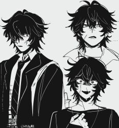1boy black_hair black_jacket black_necktie collared_shirt degrees_of_lewdity greyscale highres hyuwrii jacket kylar_(degrees_of_lewdity) kylar_(male)_(degrees_of_lewdity) male_focus monochrome multiple_views necktie open_clothes open_jacket shirt short_hair simple_background white_background