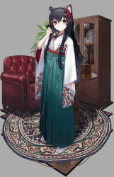 animal_ears black_hair carpet cat_ears cat_girl chair ebiri_fy full_body green_hakama grey_background hair_ornament hakama highres holding holding_phone japanese_clothes kimono long_hair long_sidelocks long_sleeves looking_at_viewer original phone red_eyes smile standing very_long_hair very_long_sidelocks white_kimono wide_sleeves