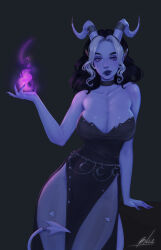 1girl artist_name bare_arms bare_shoulders black_background black_choker black_dress black_hair blue_skin breasts choker cleavage colored_skin cowboy_shot demon_horns demon_tail dress fingernails grey_hair hand_up highres horns large_breasts magic multicolored_hair nebula_(neebulaart) original pointy_ears sharp_fingernails simple_background solo tail two-tone_hair