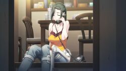 1girl architecture asymmetrical_bangs bare_shoulders black_hair blue_pants bottle breasts cleavage collar collarbone corded_phone dining_room east_asian_architecture exoskeleton fukuda_tomonori game_cg grey_eyes hair_ornament hairpin highres holding holding_phone irei_mizuka lace-trimmed_collar lace-trimmed_tank_top lace_trim long_hair looking_down medium_breasts narrowed_eyes night non-web_source official_art pants phone ponytail porch prosthesis red_collar robotics;notes sitting sliding_doors smile solo tank_top water_bottle