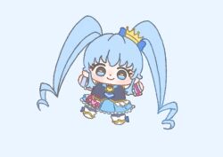Rule 34 | 1girl, absurdly long hair, ascot, black pantyhose, black vest, blue ascot, blue background, blue bow, blue eyes, blue hair, blue skirt, blue wrist cuffs, boots, bow, brooch, chibi, closed mouth, collared vest, crown, cure princess, dot nose, eyelashes, footwear bow, frilled skirt, frilled vest, frills, gold crown, hair bow, happinesscharge precure!, happy, heart, heart brooch, ichigo usuhana, jewelry, lapels, light blush, long hair, looking at viewer, magical girl, mini crown, miniskirt, outstretched arms, pantyhose, pleated skirt, precure, ringlets, shirayuki hime, shirt, short sleeves, sidelocks, simple background, skirt, smile, solo, tareme, twintails, very long hair, vest, waist bag, watch, white arm warmers, white bag, white boots, white shirt, wrist cuffs, wristwatch