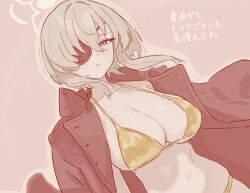 1girl bikini black_jacket blonde_hair blue_archive breasts eyepatch fight_yoghurt gold_bikini halo jacket large_breasts looking_at_viewer navel open_clothes open_jacket sepia short_hair solo suou_(blue_archive) sweat swimsuit tagme upper_body
