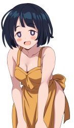 apron artist_request bad_link black_hair blue_eyes blush breasts cleavage collarbone droopy_ears gundam gundam_gquuuuuux highres leaning_forward naked_apron shiiko_sugai small_breasts smile solo sweat tagme thighs white_background yellow_apron
