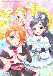 3girls absurdres bag_bow belt belt_bag belt_buckle black_arm_warmers black_dress black_gloves blonde_hair blue_bag blue_belt blue_brooch bow bowtie brooch brown_eyes bubble buckle clenched_hand colorful_background cowboy_shot cure_black cure_white dot_nose dress earrings eyelashes feather-trimmed_sleeves finger_to_cheek fingerless_gloves forehead frilled_arm_warmers frilled_dress frilled_sleeves frills futari_wa_precure futari_wa_precure_max_heart gloves gold_earrings grin hair_bow hair_ornament happy heart heart-shaped_buckle heart_brooch heart_earrings heart_hair_ornament high_ponytail highres hoshinokuzu_alice jewelry kujou_hikari lace lace-trimmed_dress lace_trim leg_up leg_warmers light_blush light_particles lips long_hair magical_girl misumi_nagisa multiple_girls one_eye_closed orange_hair outstretched_arm pink_arm_warmers pink_belt pink_bow pink_bowtie pink_brooch pink_dress pink_lips ponytail precure purple_eyes purple_hair red_brooch shiny_luminous short_dress short_hair short_ponytail short_sleeves smile sparkle split_ponytail star_(symbol) swept_bangs turtleneck turtleneck_dress twintails twitter_username very_long_hair white_arm_warmers white_bow white_bowtie white_dress white_leg_warmers yellow_eyes yukishiro_honoka