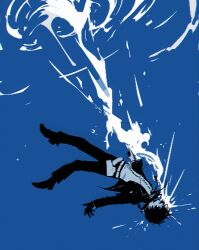0m3o0y5 1boy absurdres blue_background falling full_body gekkoukan_high_school_uniform gloves highres jacket male_focus open_clothes open_jacket outstretched_arms pants persona persona_3 school school_uniform shirt shirt_tucked_in shoes short_hair solo suit_jacket yuuki_makoto_(persona_3)