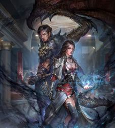 1boy 1girl absurdres armor breasts earrings highres jeremy_chong jewelry pillar tagme tail wing