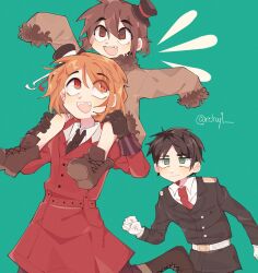 Rule 34 | 3boys, aqua background, artist name, axis powers hetalia, baggy pants, belt, black hair, black hat, black jacket, boots, brown boots, brown coat, brown eyes, brown gloves, brown hair, brown pants, bulgaria (hetalia), buttons, carrying, clenched hand, closed mouth, coat, collared shirt, empty eyes, fangs, fur-trimmed coat, fur-trimmed sleeves, fur trim, gloves, green eyes, hair between eyes, hand up, hands up, hat, highres, jacket, lapels, long sleeves, looking at another, male focus, military jacket, military uniform, mini hat, moldova (hetalia), multiple boys, necktie, notice lines, one side up, open mouth, orange hair, pants, piggyback, rchyl, red belt, red coat, red eyes, red necktie, romania (hetalia), shirt, short hair, sidelocks, skirt, smile, teeth, walking, white belt, white gloves, white shirt