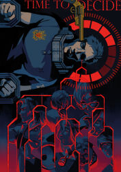 4girls 5boys absurdres blood carlos_(kyokugen_dasshutsu) closed_mouth diana_(kyokugen_dasshutsu) dog earrings english_text eric_(kyokugen_dasshutsu) eyelashes from_behind from_side gab_(kyokugen_dasshutsu) glasses gun gun_to_head handgun highres hoop_earrings jewelry junpei_(kyokugen_dasshutsu) kurashiki_akane kyokugen_dasshutsu latin_commentary limited_palette long_hair mira_(kyokugen_dasshutsu) multiple_boys multiple_girls necklace nichromatic phi_(kyokugen_dasshutsu) ponytail q_(kyokugen_dasshutsu) restrained revolver shirt short_hair short_sleeves sigma_(kyokugen_dasshutsu) skull tongue tongue_out weapon zero_escape:_toki_no_dilemma