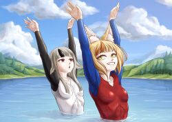 2girls absurdres alternate_costume anander0 animal_ears arms_up bad_tag blonde_hair breasts commentary commission dancing duet english_commentary fire_emblem fire_emblem_fates grey_hair highres lake long_sleeve_swimsuit multicolored_hair multicolored_swimsuit multiple_girls nintendo one-piece_swimsuit outdoors partially_submerged red_eyes red_one-piece_swimsuit selkie_(fire_emblem) small_breasts smile streaked_hair swimming swimsuit synchronized_swimming velouria_(fire_emblem) water wet white_one-piece_swimsuit yellow_eyes