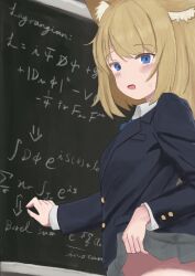1girl animal_ears blonde_hair blue_eyes blue_jacket blue_necktie blush chalkboard character_request clothes_lift commentary_request copyright_request highres jacket lifting_own_clothes looking_to_the_side math medium_hair mixed-language_commentary naonaonnnn necktie open_mouth school_uniform skirt skirt_lift solo sweatdrop