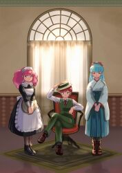 Rule 34 | 3girls, alternate costume, apron, arm rest, arm up, armchair, benten (urusei yatsura), black dress, black shoes, blue hair, blue hakama, boots, bow, brown boots, brown shoes, carpet, chair, commentary, crossdressing, crossed legs, curtains, door, dress, enmaided, formal clothes, frilled apron, frills, full body, green pants, green vest, hair bow, hakama, hakama skirt, hand on headwear, hat, holding, holding tray, indoors, japanese clothes, kimono, kosode, long hair, maid, maid headdress, miz mus, multiple girls, necktie, nontraditional miko, own hands together, oyuki (urusei yatsura), pants, pantyhose, pink hair, ponytail, ran (urusei yatsura), red bow, red hair, red necktie, shirt, shoes, short hair, sitting, skirt, sleeve cuffs, standing, suit, tomboy, tray, urusei yatsura, v arms, vest, waistcoat, white apron, white kimono, white shirt, wide sleeves