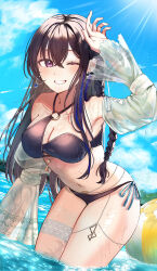 1girl absurdres arisyooon armpits ball beachball bikini black_bikini black_hair blue_sky braid breasts cleavage collarbone crossed_bangs detached_sleeves earrings grin hair_between_eyes highres ichinose_uruha ichinose_uruha_(vspo!_summer_2024) jewelry leaning_forward long_hair lupinus_virtual_games multicolored_hair navel o-ring o-ring_bikini o-ring_top one_eye_closed partially_submerged see-through_clothes see-through_sleeves sky smile streaked_hair swimsuit thighs virtual_youtuber vspo!