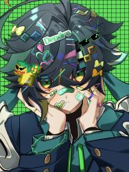 1boy 1other absurdres ahoge ajaw_(genshin_impact) bandaid bandaid_on_face black_hair blue_jacket chain chain_bracelet genshin_impact green_background green_eyes green_hairband green_shirt grid_background hair_between_eyes hairband hands_on_own_face highres jacket kinich_(genshin_impact) long_sleeves looking_at_viewer multicolored_hair nail_art nail_polish shirt sticker_on_face streaked_hair too_many_hair_ornaments zeijaku