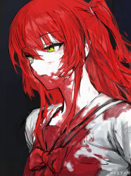 1girl absurdres black_background blood blood_on_clothes blood_on_face blood_on_neck bocchi_the_rock! bow bowtie closed_mouth expressionless green_eyes hair_between_eyes highres kita_ikuyo long_hair one_side_up red_hair school_uniform serafuku shirt sidelocks simple_background solo tmgningen upper_body watermark weibo_watermark white_shirt