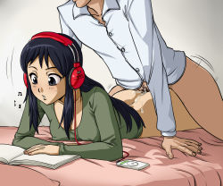 1boy 1girl akiyama_mio anal ass bed bed_sheet black_eyes black_hair blush book bored bottomless breasts casual_sex cleavage clothed_sex collarbone covered_erect_nipples cum cum_in_ass cum_overflow emotionless_sex eyebrows fingernails head_out_of_frame headphones hetero highres indoors k-on! long_hair long_sleeves lying male_pubic_hair mole mole_under_eye motion_lines multitasking nail_polish no_panties on_bed on_stomach open_book parted_lips pink_nails prone_bone pubic_hair ragathol reading sex sex_from_behind shirt small_breasts solo_focus
