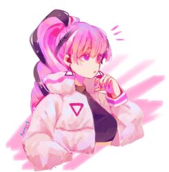 Rule 34 | 1girl, absurdly long hair, bow-shaped hair, braid, braided ponytail, cookie run, cookie run: ovenbreak, happy, high ponytail, highres, humanization, kerrolyk, long hair, looking at viewer, midriff, multicolored hair, pink eyes, pink hair, ponytail, shining glitter cookie, shining glitter cookie (superstar airport attire), smile, solo, two-tone hair, very long hair