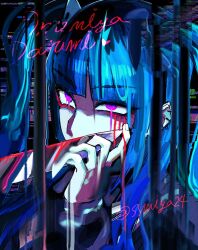 1girl amemiya_darumi artist_name blood bloody_knife bloody_tears blue_hair crying ear_piercing female_focus fingernails heart holding holding_knife knife long_hair piercing pink_eyes signature solo solo_focus syumiya24 the_hundred_line_-last_defense_academy- twintails