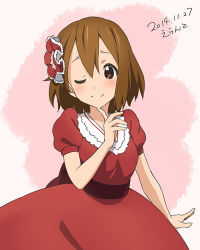 1girl 2014 alternate_costume artist_name birthday blush bow brown_eyes brown_hair dated dress errant female_focus hair_bow hirasawa_yui k-on! one_eye_closed red_dress short_hair simple_background smile solo white_background