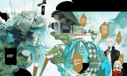 1boy 2girls :o absurdres aqua_eyes architecture argyle_hanfu bare_shoulders black_border black_hanfu black_jacket black_sash blue_shawl blue_sky bonsai border carpet checkered_hanfu chinese_clothes chinese_commentary chinese_text closed_mouth cloud collarbone collared_jacket commentary_request curious dare_no_inarikami day earrings east_asian_architecture facial_mark flower forehead_mark grey_hair hair_between_eyes hair_flower hair_ornament hair_rings hanfu happy head_tilt high_collar highres jacket jewelry lake letterboxed long_sleeves looking_at_another low_twintails multiple_girls multiple_views off_shoulder open_clothes open_jacket original outdoors outside_border pale_skin parted_lips red_eyes red_flower red_hanfu red_rose rose sash shawl short_hair shrine single_earring sky sleeves_past_fingers sleeves_past_wrists smile speech_bubble standing translation_request tree twintails two-tone_hanfu updo watermark weibo_watermark white_hair white_hanfu wide_sleeves