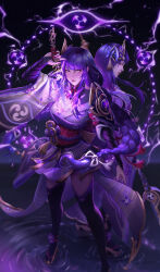 2girls armor asymmetrical_sleeves back_bow behind_another blunt_bangs bow braid bridal_gauntlets butterfly_hair_ornament closed_mouth commentary dual_persona electricity english_commentary engulfing_lightning_(genshin_impact) fan_hair_ornament floating_hair flower flower_ornament genshin_impact glowing glowing_eyes glowing_weapon hair_floating_upwards hair_ornament hair_ribbon highres holding holding_polearm holding_weapon japanese_clothes kimono leira_cire long_braid long_hair looking_at_viewer looking_to_the_side mitsudomoe_(shape) mole mole_under_eye multiple_girls musou_isshin_(genshin_impact) parted_lips pink_lips polearm purple_eyes purple_flower purple_hair purple_kimono purple_ribbon raiden_shogun red_sash ribbon ripples sash shoulder_armor single_braid tomoe_(symbol) uneven_sleeves walking walking_on_liquid water weapon wide_sleeves