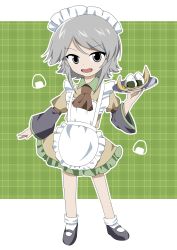 1other absurdres adapted_costume alternate_costume androgynous apron ascot black_shoes black_sleeves brown_ascot brown_dress dress food full_body green_background grey_eyes grey_hair highres holding holding_plate houlen_yabusame kurokoge_karubi len&#039;en light_smile maid maid_apron maid_headdress onigiri outline plaid_background plate shoes socks solo standing white_outline white_socks